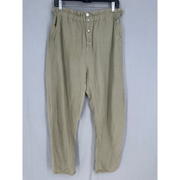 Zara Pants Womens Medium Green Linen High Rise Pockets Button Straight Leg Ankle - Picture 4 of 7